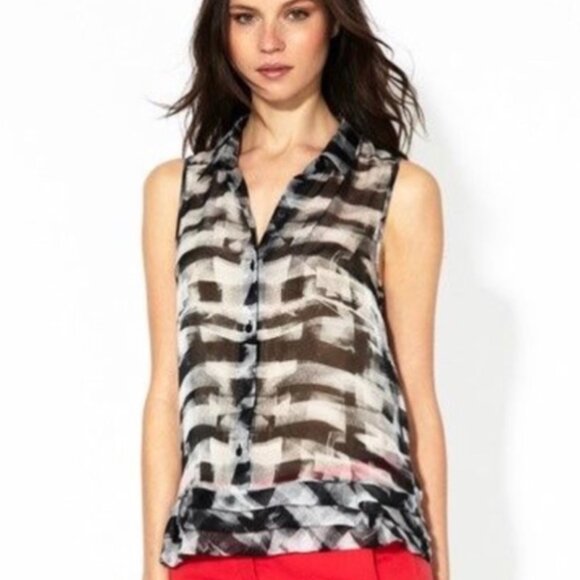 Theory | 'Masida' Silk Cubist Plaid Sleeveless Blouse - Picture 2 of 6